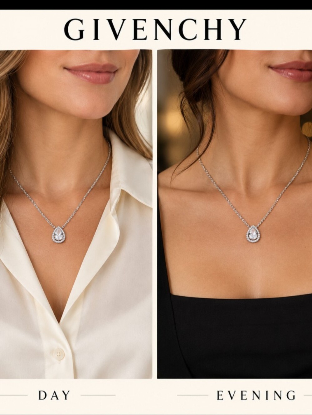 Givenchy Pear-Shaped Clear Stone Halo Pendant Necklace Silver Tone EUC